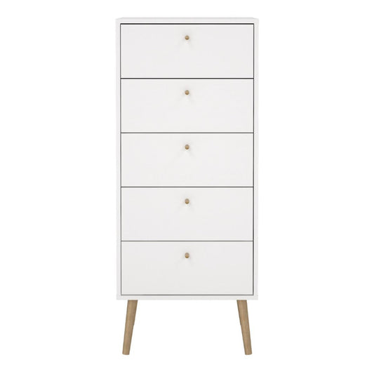 Cumbria White Narrow Chest 5 Drawers w/ Oak Legs - White Tree Furniture