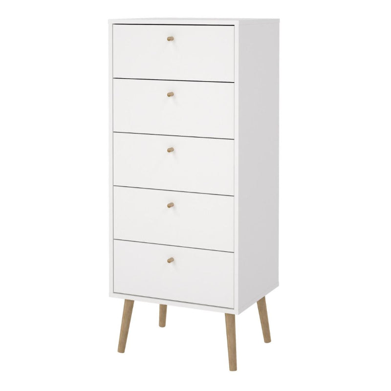 Cumbria White Narrow Chest 5 Drawers w/ Oak Legs - White Tree Furniture