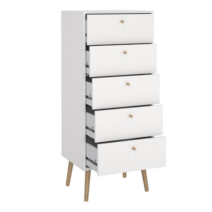 Cumbria White Narrow Chest 5 Drawers w/ Oak Legs - White Tree Furniture