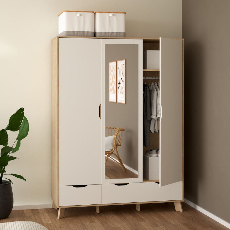 Ikast Wardrobe w/ 3 Doors & 2 Drawers & Mirror - White Tree Furniture