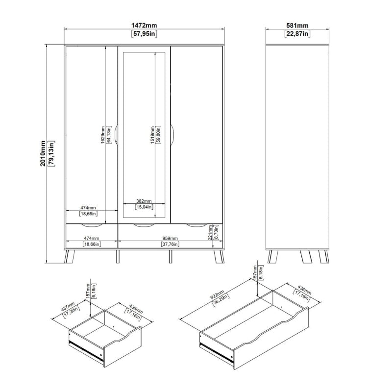 Ikast Wardrobe w/ 3 Doors & 2 Drawers & Mirror - White Tree Furniture