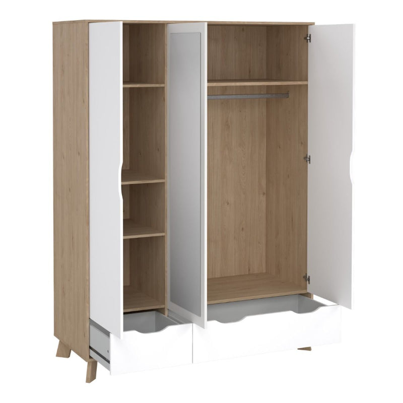 Ikast Wardrobe w/ 3 Doors & 2 Drawers & Mirror - White Tree Furniture