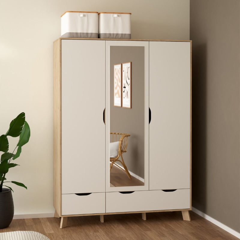 Ikast Wardrobe w/ 3 Doors & 2 Drawers & Mirror - White Tree Furniture