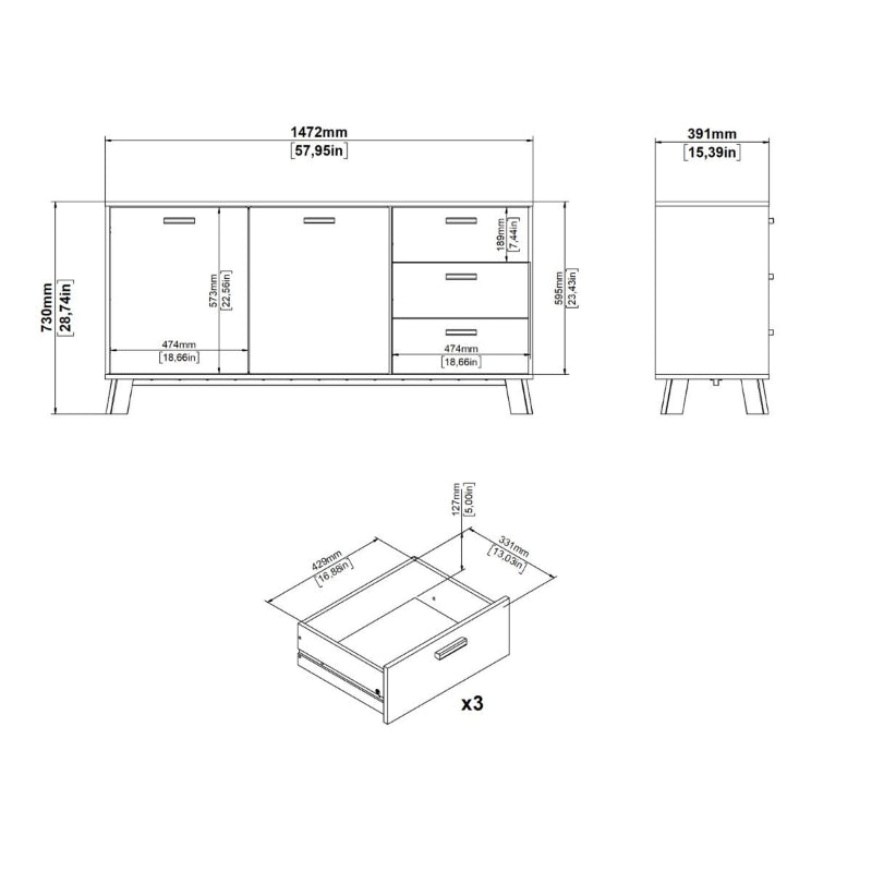 Ikast Sideboard w/ 3 Drawers in Jackson Hickory & White - White Tree Furniture