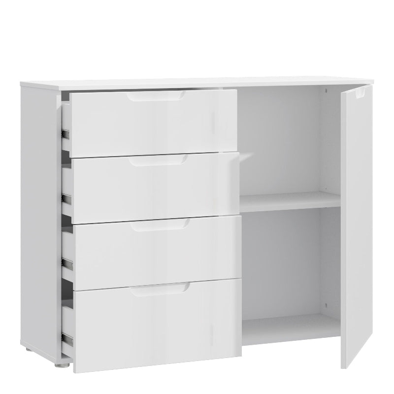 Sienna High Gloss White 4 Drawer Chest of Drawers w/ 1 Door - White Tree Furniture