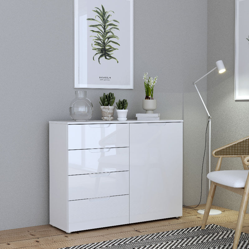 Sienna High Gloss White 4 Drawer Chest of Drawers w/ 1 Door - White Tree Furniture