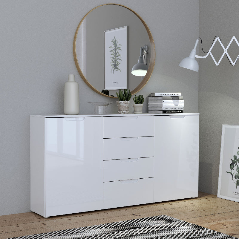 Sienna High Gloss White Wide Chest of 4 Drawers w/ 2 Doors - White Tree Furniture