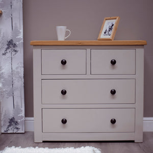 Solid Pine 2 Over 2 Chest of Drawers Painted in Grey with Lacquered Oak Top - White Tree Furniture