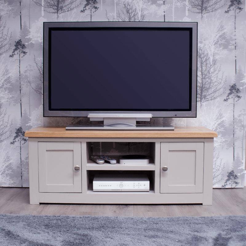 HOMESTYLE GB Grey Painted 120cm TV Cabinet with Lacquered Oak Top - White Tree Furniture