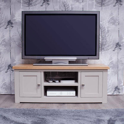 HOMESTYLE GB Grey Painted 120cm TV Cabinet with Lacquered Oak Top - White Tree Furniture