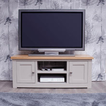 HOMESTYLE GB Grey Painted 120cm TV Cabinet with Lacquered Oak Top - White Tree Furniture