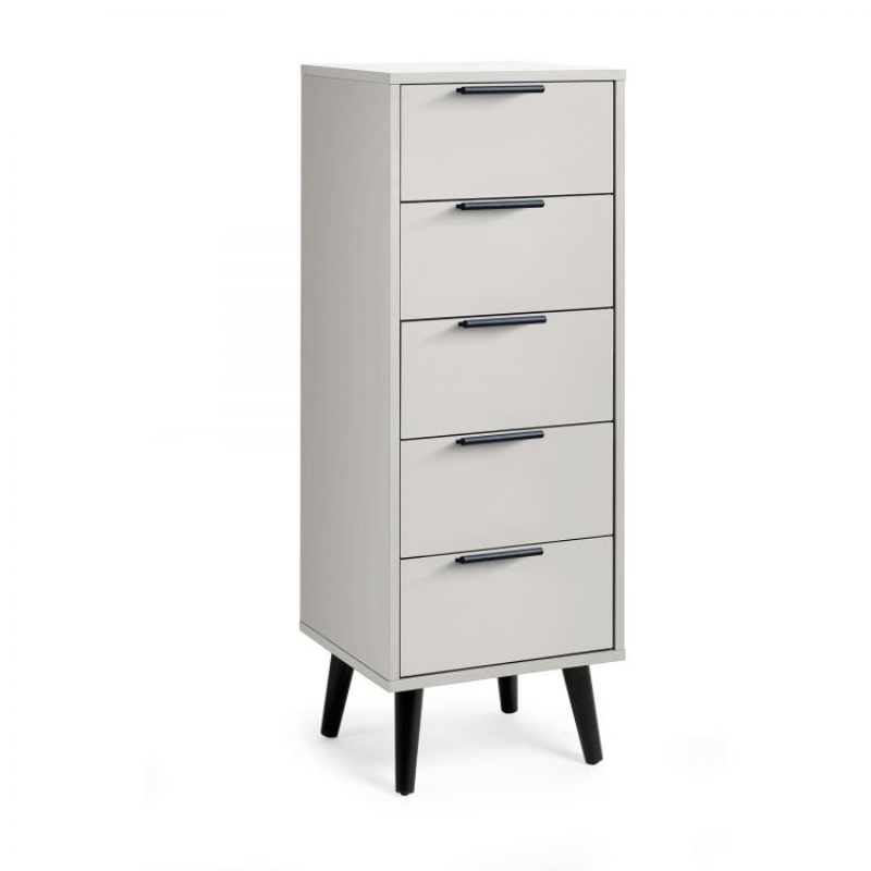 ALBA 5 Drawer Chest in Silk Grey. Discover a sophisticated chest of drawers with tapered legs, quiet drawers and smooth silk grey finish. Ideal for bedroom organization and storage