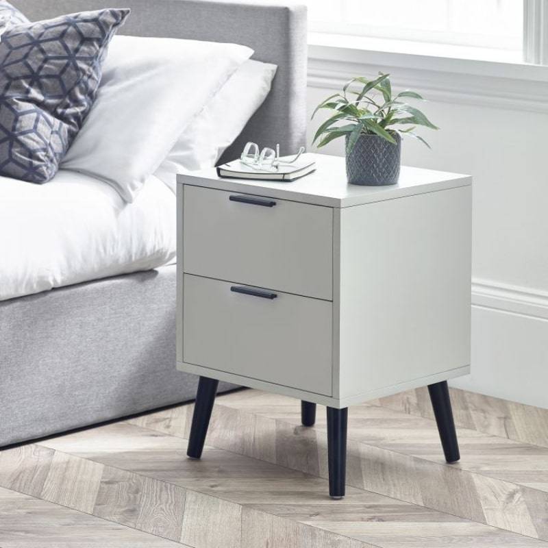 ALBA Set of 2 Bedside Cabinets in Silk Grey. Discover a Scandinavian inspired design, tapered legs and smooth silk grey finish.