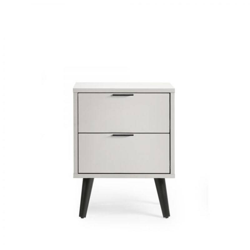 ALBA Set of 2 Bedside Cabinets in Silk Grey. Discover a Scandinavian inspired design, tapered legs and smooth silk grey finish.