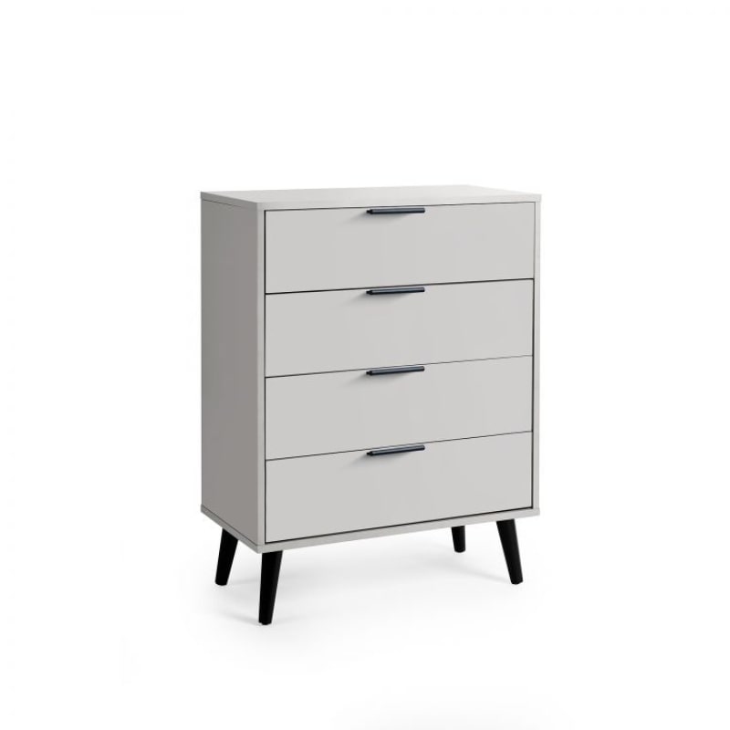 ALBA 4 Drawer Bedroom Chest in Silk Grey. Discover a sleek and modern chest of drawers with tapered black legs and quiet drawers. Ideal for bedroom storage.