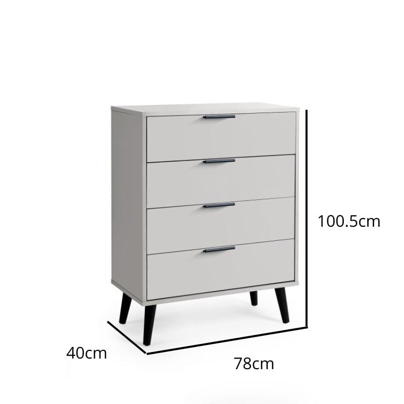 ALBA 4 Drawer Bedroom Chest in Silk Grey. Discover a sleek and modern chest of drawers with tapered black legs and quiet drawers. Ideal for bedroom storage.