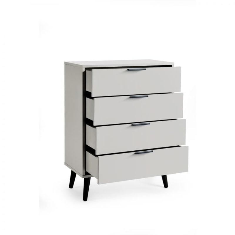 ALBA 4 Drawer Bedroom Chest in Silk Grey. Discover a sleek and modern chest of drawers with tapered black legs and quiet drawers. Ideal for bedroom storage.