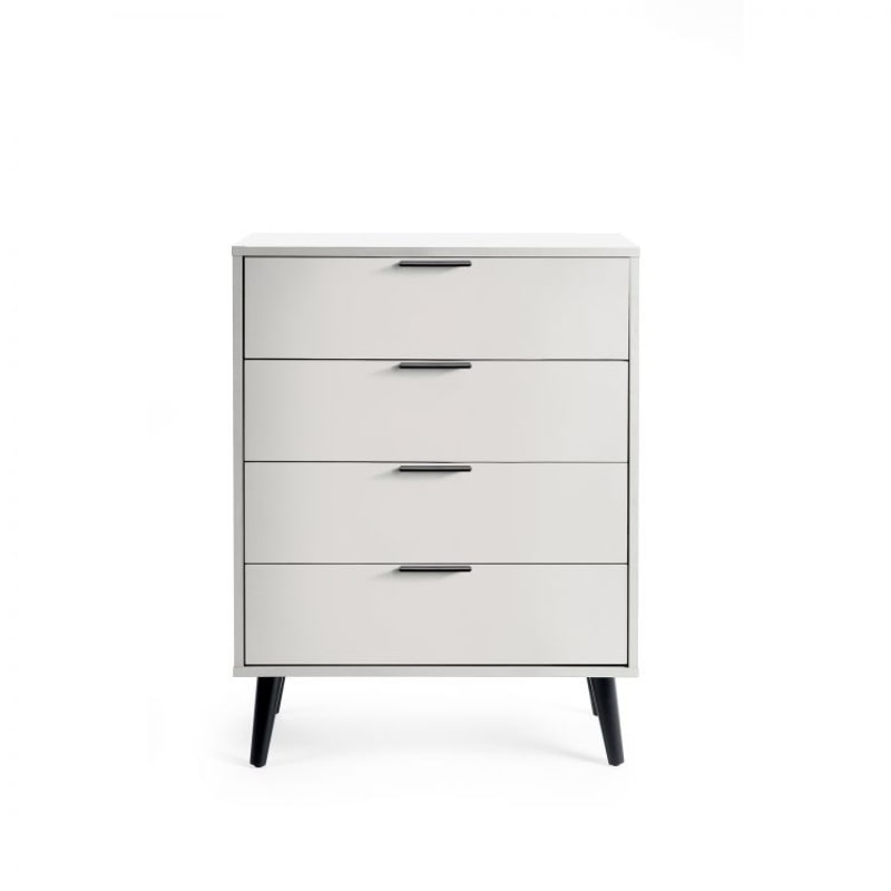 ALBA 4 Drawer Bedroom Chest in Silk Grey. Discover a sleek and modern chest of drawers with tapered black legs and quiet drawers. Ideal for bedroom storage.