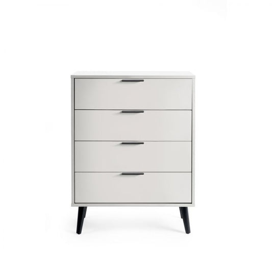 ALBA 4 Drawer Bedroom Chest in Silk Grey. Discover a sleek and modern chest of drawers with tapered black legs and quiet drawers. Ideal for bedroom storage.