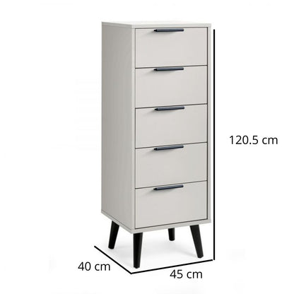 ALBA 5 Drawer Chest in Silk Grey. Discover a sophisticated chest of drawers with tapered legs, quiet drawers and smooth silk grey finish. Ideal for bedroom organization and storage