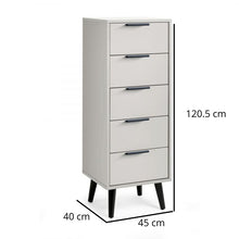 ALBA 5 Drawer Chest in Silk Grey. Discover a sophisticated chest of drawers with tapered legs, quiet drawers and smooth silk grey finish. Ideal for bedroom organization and storage