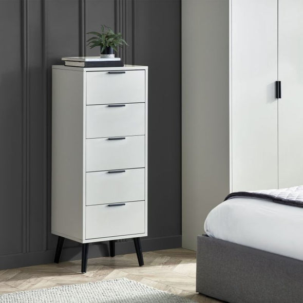 ALBA 5 Drawer Chest in Silk Grey. Discover a sophisticated chest of drawers with tapered legs, quiet drawers and smooth silk grey finish. Ideal for bedroom organization and storage