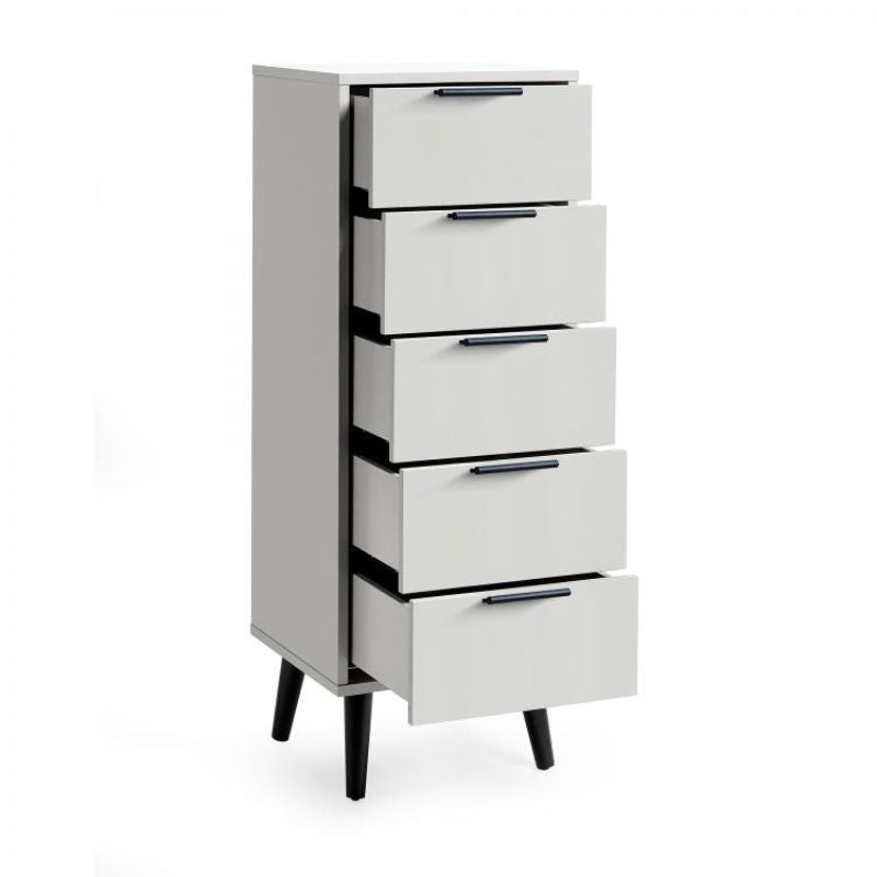 ALBA 5 Drawer Chest in Silk Grey. Discover a sophisticated chest of drawers with tapered legs, quiet drawers and smooth silk grey finish. Ideal for bedroom organization and storage