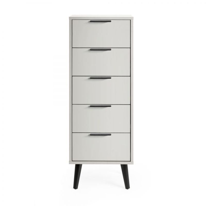 ALBA 5 Drawer Chest in Silk Grey. Discover a sophisticated chest of drawers with tapered legs, quiet drawers and smooth silk grey finish. Ideal for bedroom organization and storage