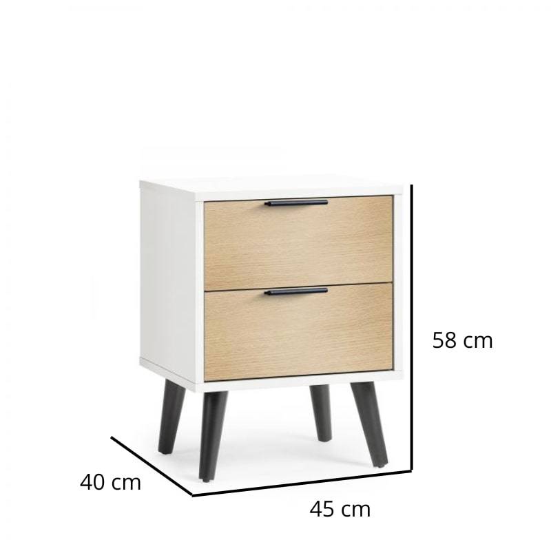 Dimensions of Alba bedside cabinet in white and oak effect finish, measuring 45 cm wide, 40 cm deep, and 58 cm high with two drawers.