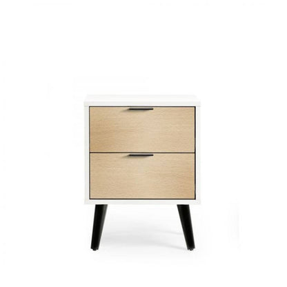 Front view of Alba bedside cabinet in white and oak effect finish, showcasing two drawers with black handles and minimalist design.