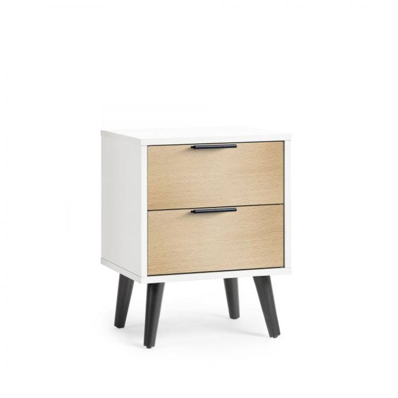 Set of 2 bedside cabinets in white and oak effect finish featuring two spacious drawers, black handles, and sleek black angled legs.