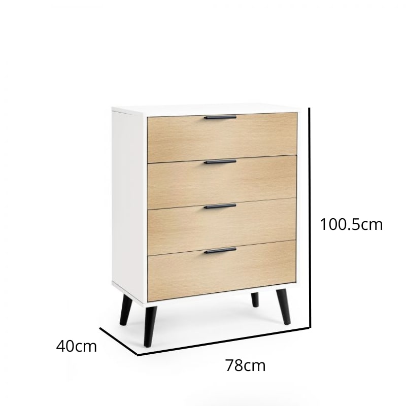 ALBA 4 Drawer Bedroom Chest in White & Oak Effect. A sleek and modern chest of drawers ideal for bedroom organization and storage. Tapered black legs.