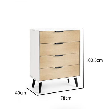 ALBA 4 Drawer Bedroom Chest in White & Oak Effect. A sleek and modern chest of drawers ideal for bedroom organization and storage. Tapered black legs.