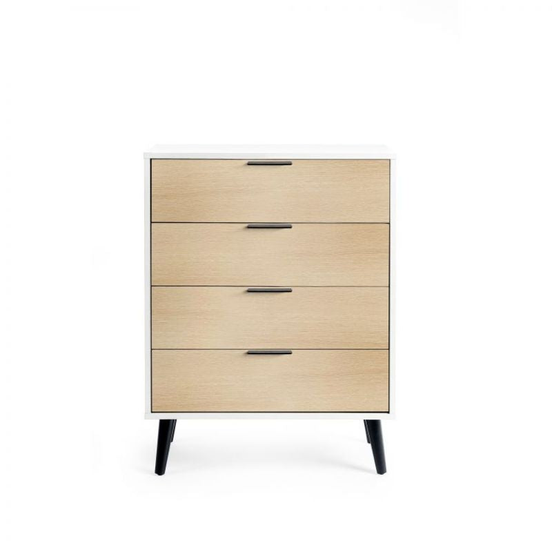 ALBA 4 Drawer Bedroom Chest in White & Oak Effect. A sleek and modern chest of drawers ideal for bedroom organization and storage. Tapered black legs.