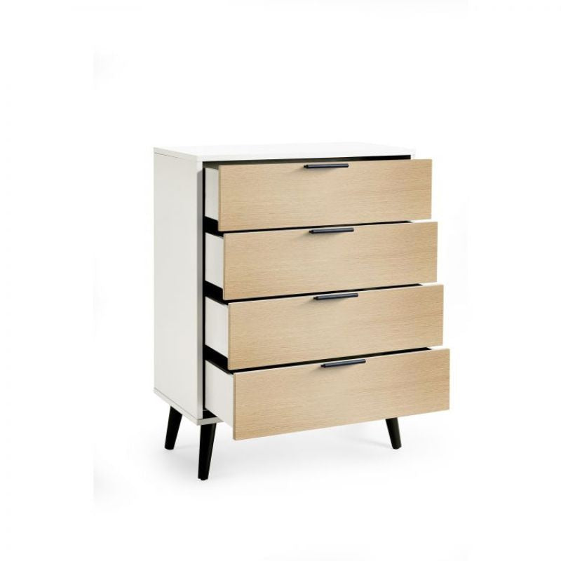 ALBA 4 Drawer Bedroom Chest in White & Oak Effect. A sleek and modern chest of drawers ideal for bedroom organization and storage. Tapered black legs.