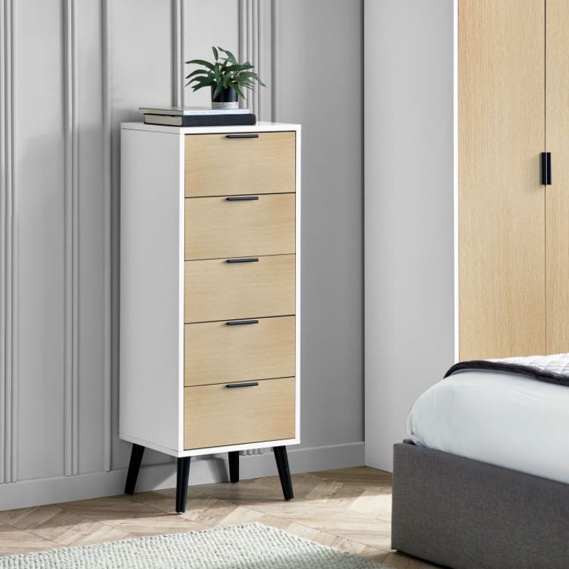 JULIAN BOWEN ALBA 5 Drawer Chest in White & Oak Effect with sleek black legs, ideal for bedroom storage and compact spaces.