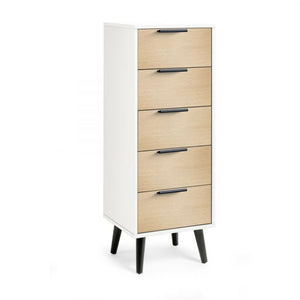 JULIAN BOWEN ALBA 5 Drawer Chest in White & Oak Effect with sleek black legs, ideal for bedroom storage and compact spaces.