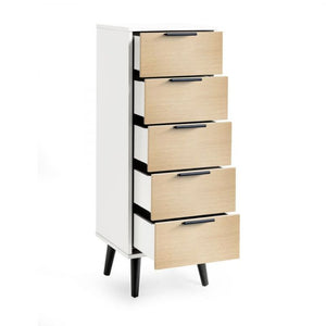 JULIAN BOWEN ALBA 5 Drawer Chest in White & Oak Effect with sleek black legs, ideal for bedroom storage and compact spaces.