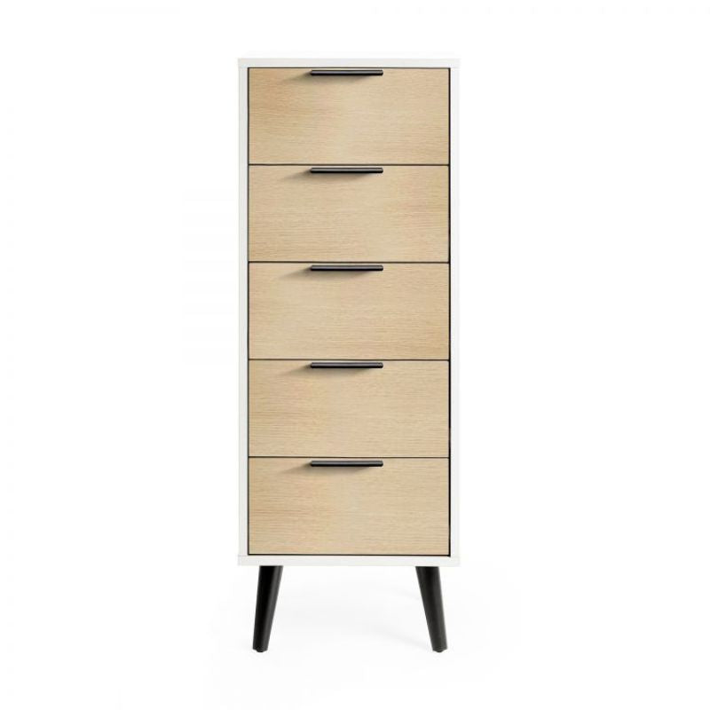 JULIAN BOWEN ALBA 5 Drawer Chest in White & Oak Effect with sleek black legs, ideal for bedroom storage and compact spaces.