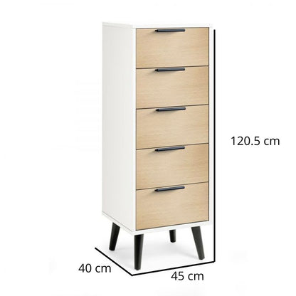 JULIAN BOWEN ALBA 5 Drawer Chest in White & Oak Effect with sleek black legs, ideal for bedroom storage and compact spaces.