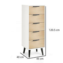 JULIAN BOWEN ALBA 5 Drawer Chest in White & Oak Effect with sleek black legs, ideal for bedroom storage and compact spaces.