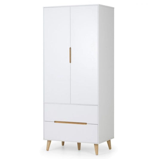 JULIAN BOWEN ALICIA Matte White Double Wardrobe with 2 doors and 2 drawers, featuring oak effect handles and legs. Scandinavian-inspired design for bedroom storage.