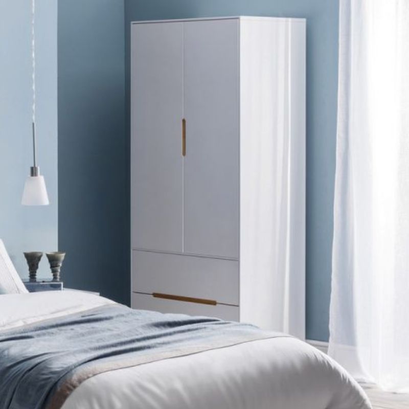 JULIAN BOWEN ALICIA Matte White Double Wardrobe with 2 doors and 2 drawers, featuring oak effect handles and legs. Scandinavian-inspired design for bedroom storage.