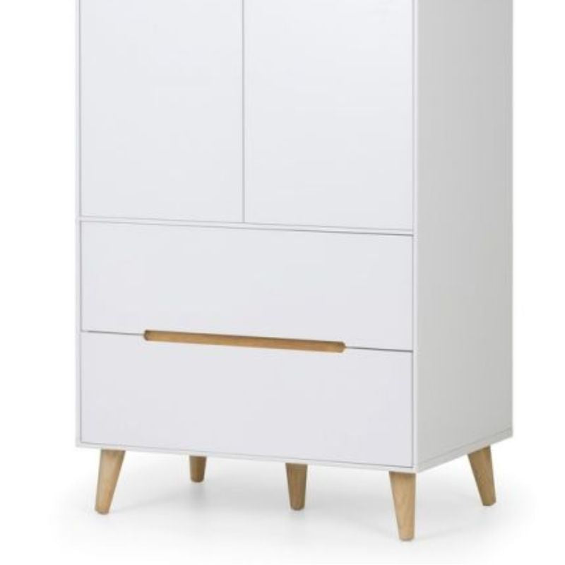 JULIAN BOWEN ALICIA Matte White Double Wardrobe with 2 doors and 2 drawers, featuring oak effect handles and legs. Scandinavian-inspired design for bedroom storage.