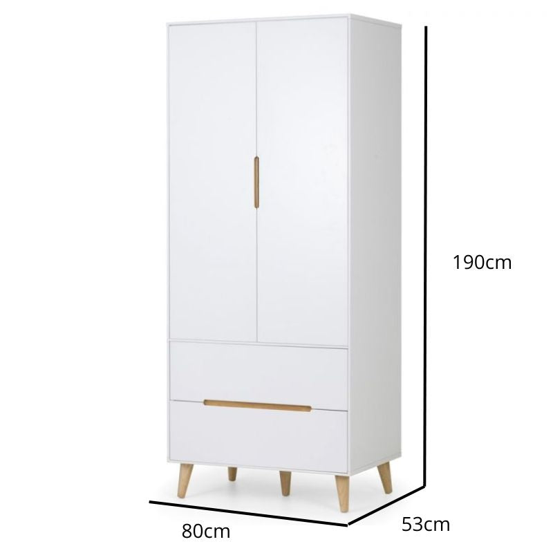 JULIAN BOWEN ALICIA Matte White Double Wardrobe with 2 doors and 2 drawers, featuring oak effect handles and legs. Scandinavian-inspired design for bedroom storage.