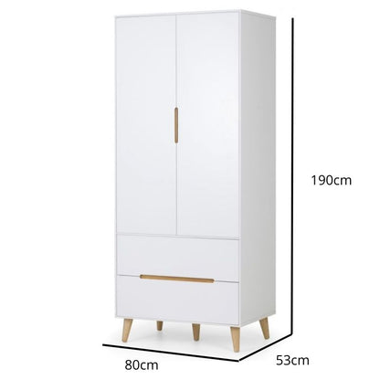 JULIAN BOWEN ALICIA Matte White Double Wardrobe with 2 doors and 2 drawers, featuring oak effect handles and legs. Scandinavian-inspired design for bedroom storage.