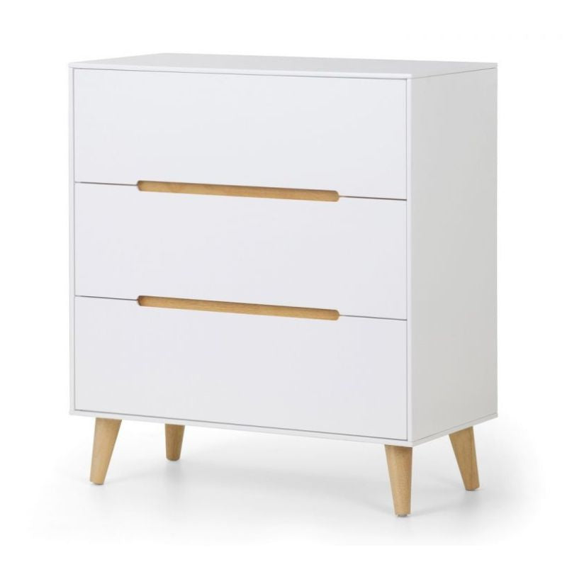 Shop the ALICIA Matte White 3 Drawer Bedside Cabinet. Elegant Scandinavian design and oak effect detailings. Enjoy beautiful matte white bedroom furniture.