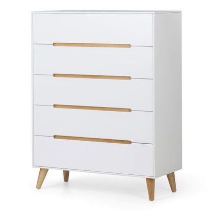 JULIAN BOWEN ALICIA 5 Drawer Chest in Matt White Lacquer and oak effect detailing ALI203 - White Tree Furniture