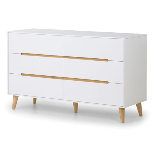 Discover the Matte White Bedroom Wide Dresser w/ 6 Drawers with sleek matte white lacquer & oak details. Ample storage, modern design. Shop now for style & functionality!