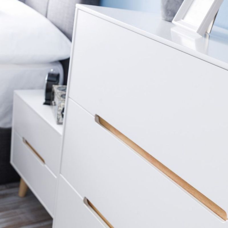 Shop ALICIA Matte White Bedside Cabinet w/ 2 Drawers. Shop elegant, Scandinavian inspired bedside cabinets with oak detailing, tapared legs and matte white finish.